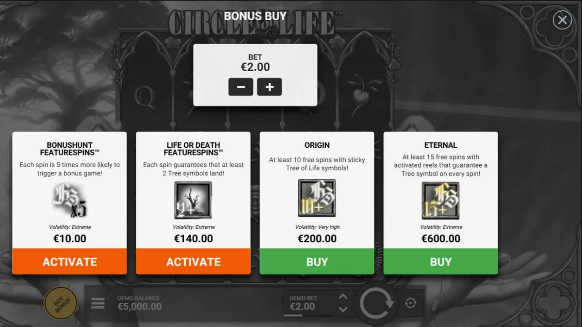 Interface do slot Circle of Life com estética monocromática e elementos da Árvore da Vida