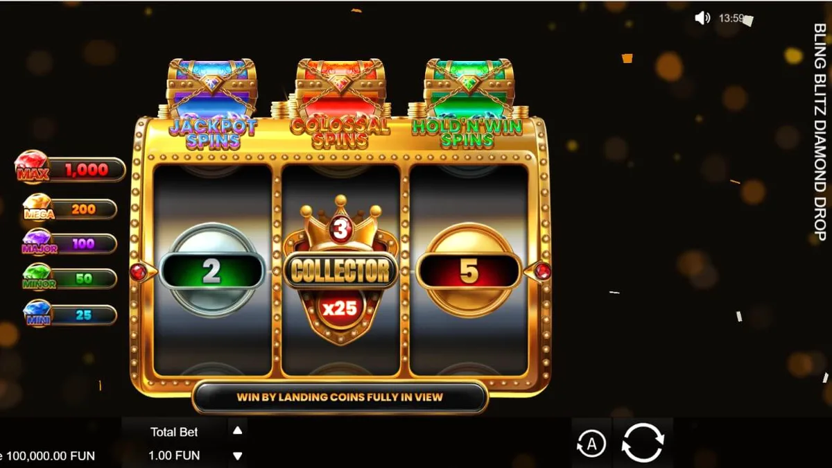 Interface brilhante do slot Bling Blitz Diamond Drop com diamantes e moedas douradas