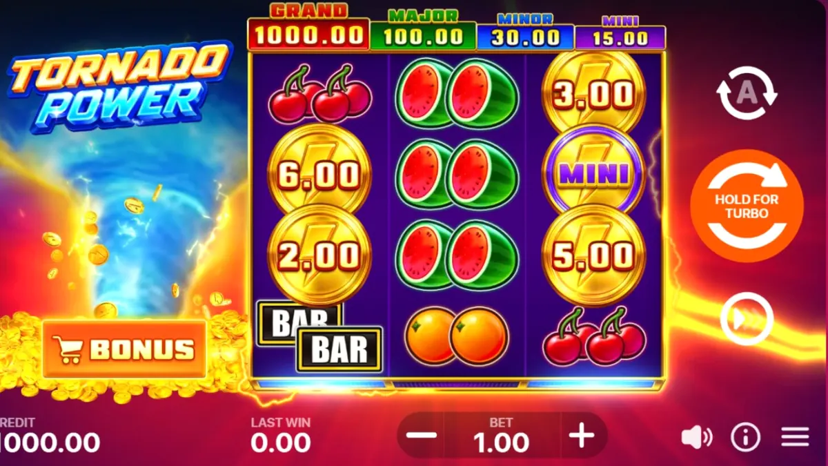 Interface de jogo do slot Tornado Power: Hold and Win com símbolos de frutas e relâmpagos